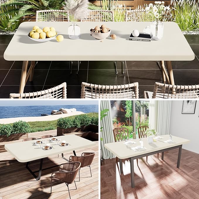 Smiry Rectangle Tablecloth, Elastic Fitted Flannel Backed Vinyl Tablecloths for 6ft Folding Tables, Waterproof Wipeable Table Covers for Indoor, Outdoor, Picnic and Camping (Beige, 36"x72")