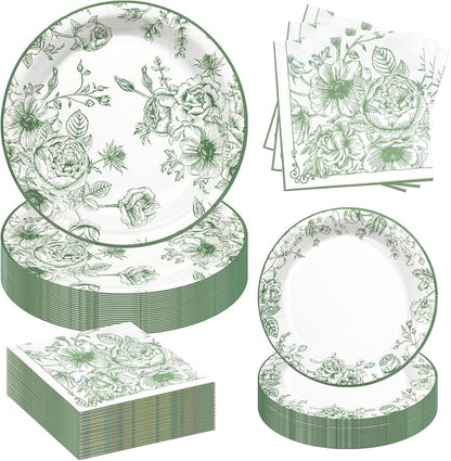 Sage Green Floral Plates and Napkins Party Supplies, Serve 60 Guests | 180pcs by Osonm