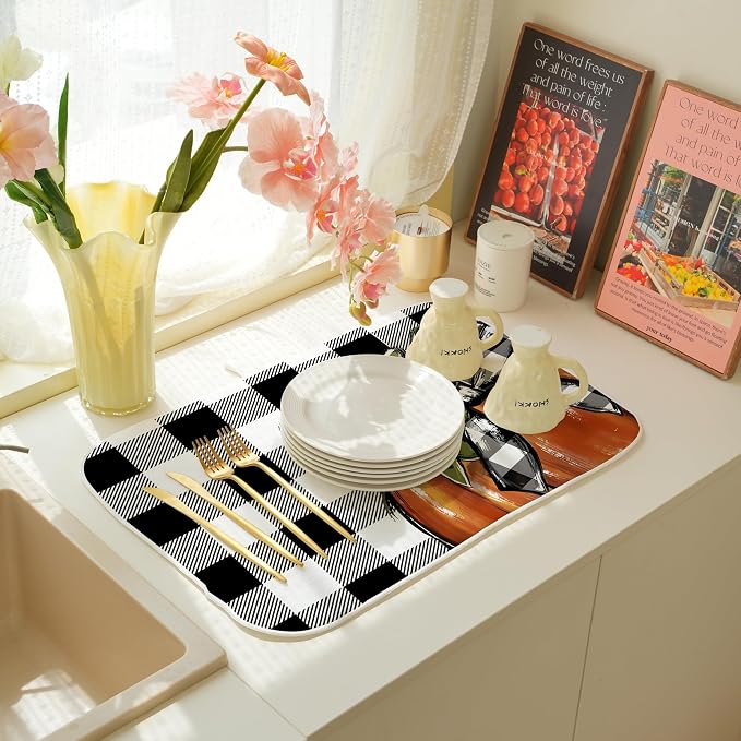 Fall Plaid Dish Drying Mat for Kitchen Counter 18x24 Inch Pumpkin Autumn Dish - Image 6