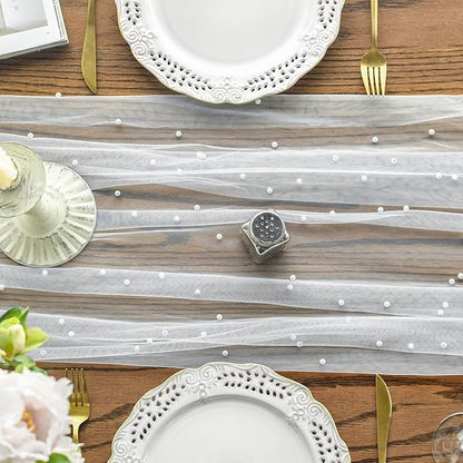 Artoid Mode Pearl Gauze Table Runner 120 Inch 10FT, Seasonal Sheer Dining Holiday Wedding Birthday Baby Shower Table Decor for Home Party