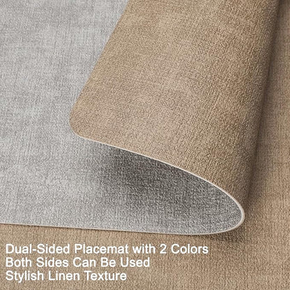 Myir JUN Reversible Vinyl Placemats Set of 6, Faux Leather Place Mats Dual Sided Waterproof Oilproof Wipeable, Heat-Resistant Table Mats for Kitchen Dining Indoor Outdoor (12" x 17", Light Gray Beige)