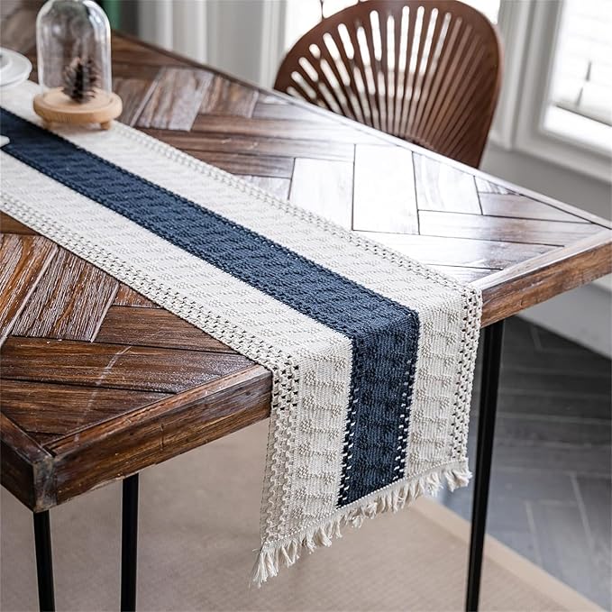 Macrame Table Runne Beige and Blue Boho Table Runners - Image 3