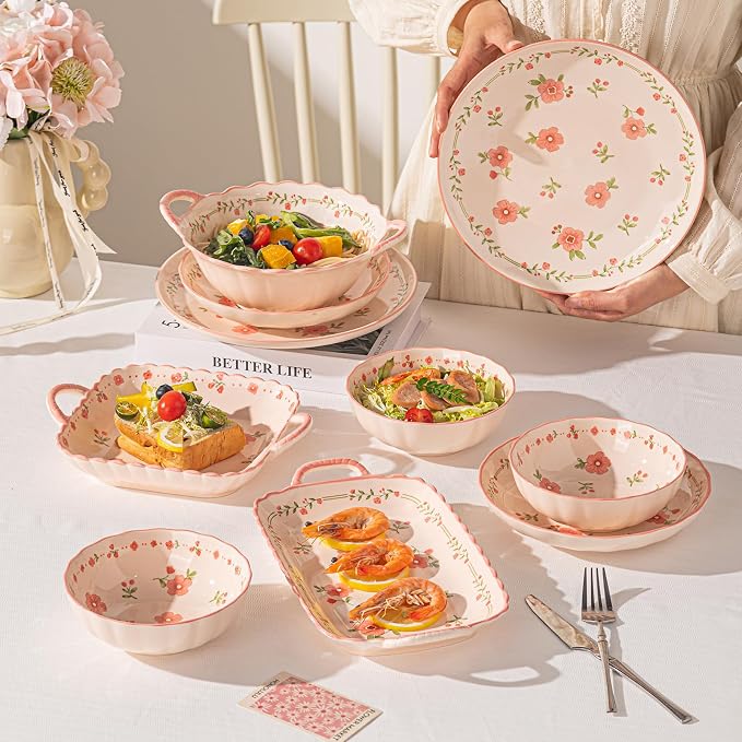 Ceramic Dinnerware Set, Floral Plates and Bowls Sets, Microwave & Dishwasher - Image 7
