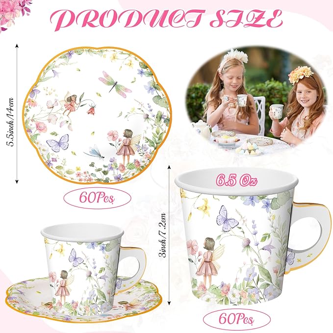 Umigy 60 Sets Tea Party Decorations 6.5 oz Fairy Floral Paper Tea Cups - Image 2