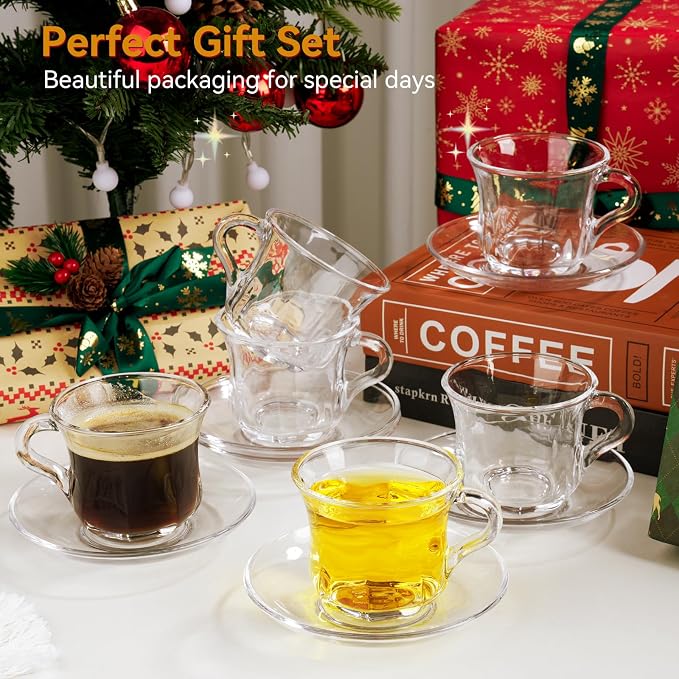 Glass Tea Cups and Saucers Set of 6, Dishwasher & Microwave Safe Teacups - Image 9