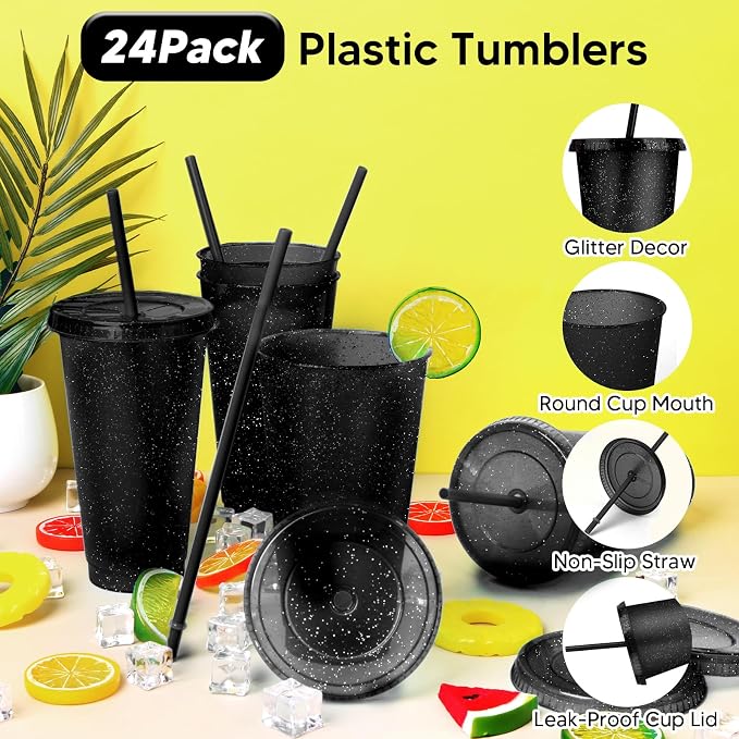 24 Pack Plastic Tumblers with Lids and Straw, Reusable Cups with Lids and - Image 2