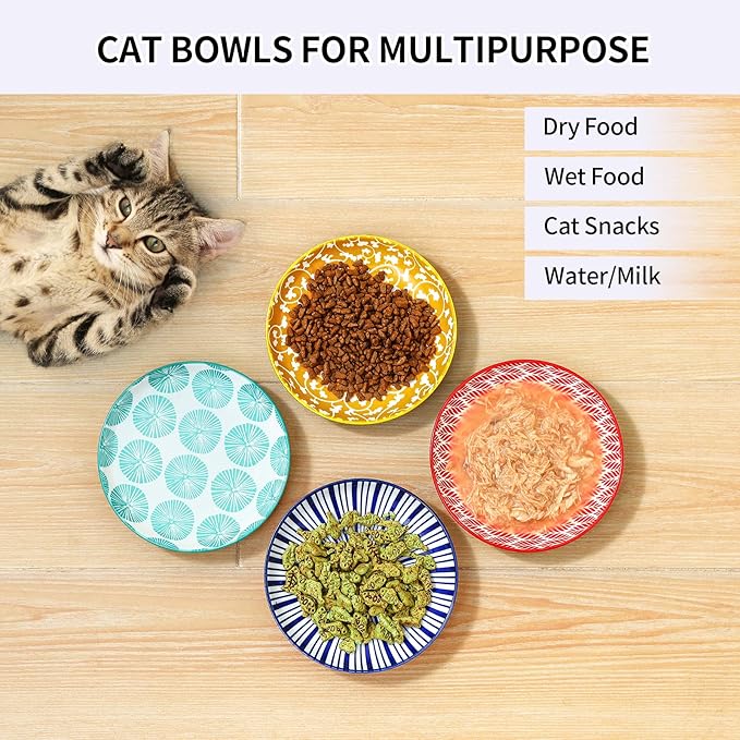 Selamica Ceramic Cat Bowls, 6 Inch Wide Shallow Cat Food Bowl for Relief Whisker Fatigue, Set of 4, Assorted Colors
