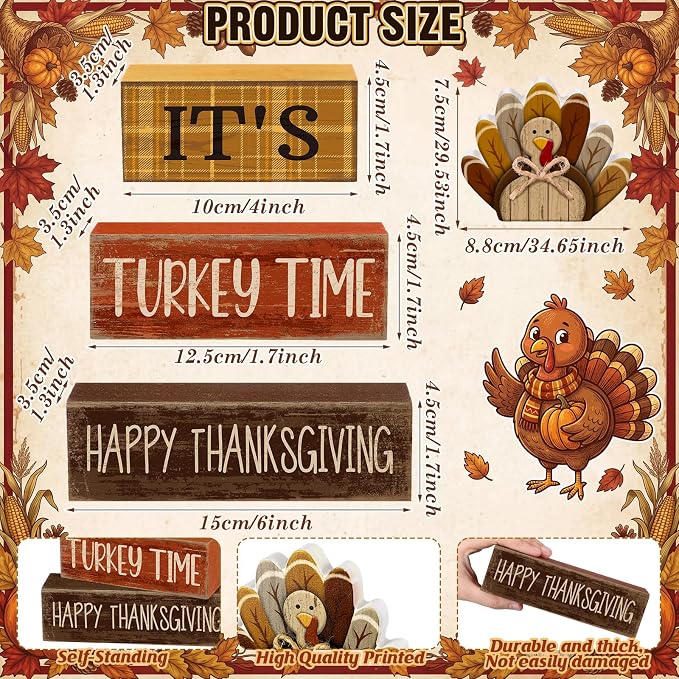 Moucuny 4 Pcs Fall Decorations for Home Wooden Turkey Decor Thanksgiving Tiered - Image 3