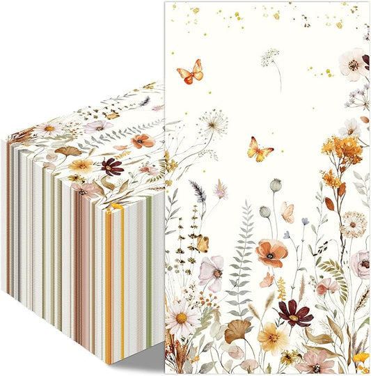 Fall Floral Paper Napkins - 100 Pcs 7.9 x 4.3 in Autumn Wildflower Napkin Decorations Set, Wild Floral Disposable Hand Towels, Birthday Wedding Bridal Shower Thanksgiving Party Supplies Decor