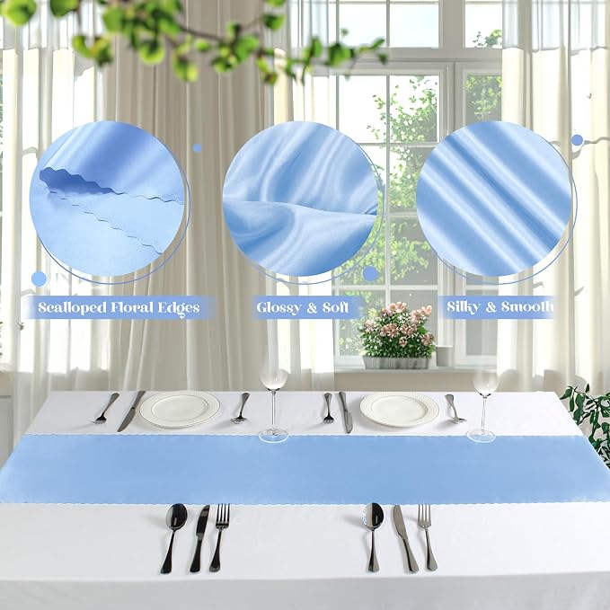 VACVELT Light Blue Satin Table Runners, 12x72 Inch, 12 Pack, Scalloped Edge | - Image 6