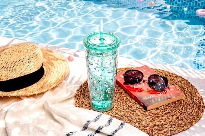 bzyoo 24oz Plastic Tumbler Cup, Lid & Straw, Iced Coffee Floral Mint | Double - Image 7