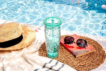 bzyoo 24oz Plastic Tumbler Cup, Lid & Straw, Iced Coffee Floral Mint | Double - Image 7