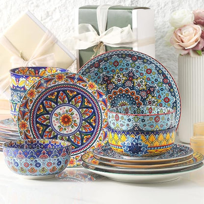 HASENSE 18 Pieces Kitchen Dinnerware Sets Service for 6, Bohemian Style Plates and Bowls Set, Ceramic Vintage Tableware Dishes Set, Scratch Resistant Microwave and Dishwasher Safe, Assorted Color