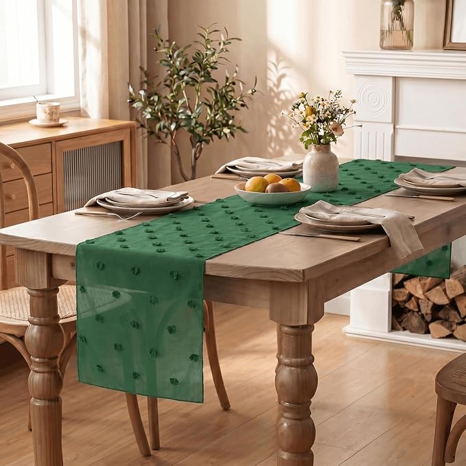 Artoid Mode Forest Green Pom Pom Tulle Table Runner, Seasonal Christmas - Image 5