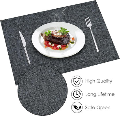 Cloth Placemats Set of 8, Linen Type Fabric Placemats Black Table Mat Set of 8, Machine Washable Rustic Place Mats Heat Resistant Placemats Thick Polyester Kitchen Place Mats for Dining Table