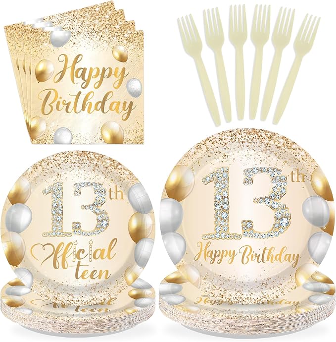 96Pcs White Gold 13th Birthday Party Decorations, Serves 24 | Official 13 Teen by Greencian
