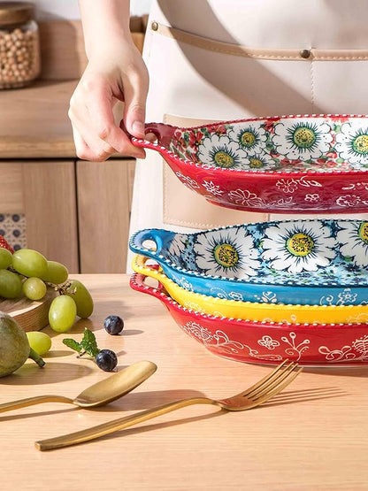 Henten Home Pasta Bowls with Handle, 32 oz Porcelain Salad Bowls Set of 4, Ceramic Colorful Serving Dishes for Dinner, Vegtable, Fruit, Microwave & Dishwasher Safe
