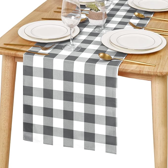 Buffalo Plaid Table Runner Grey and White 14W x 60L, 1 Piece | Waterproof by Hiasan