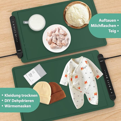 Food Warming Mat Electric Tray: Adjustable Silicone Heating Pad with 3 Temperature Settings 4 Timer Function Portable Roll Up Hot Plate for Buffets Party Gatherings Kitchen Warmer Countertop Green