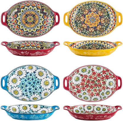 Henten Home Pasta Bowls with Handle, 32 oz Porcelain Salad Bowls Set of 4, Ceramic Colorful Serving Dishes for Dinner, Vegtable, Fruit, Microwave & Dishwasher Safe
