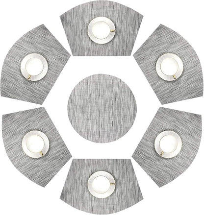 SHACOS Small Round Table Placemats Wedge Placemats with Centerpiece Round Placemat PVC Woven Table Mats Washable (7,Silver Grey)