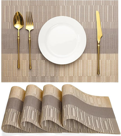 Placemats Set of 4, Vinyl Woven Place Mats Indoor Set of 4 Washable Wipeable PVC Table Mats Heat-Resistant Non Slip Plastic Placemat for Kitchen Dining Outdoor Table (Gray Gold, Set of 4)