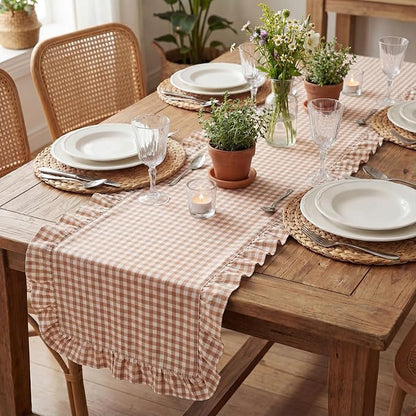 HunnmingRe 1 Pc Gingham Table Runner Brown, 118 X 13.8 Inch | Cotton Dresser - Image 8