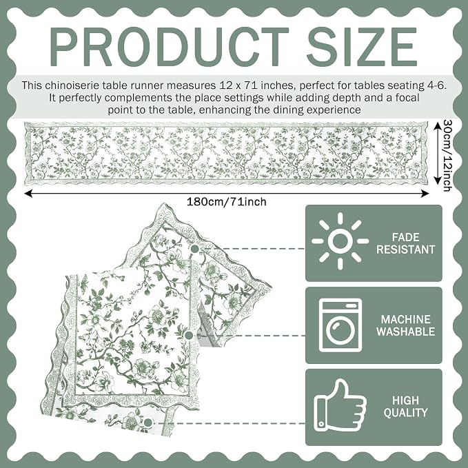 HunnmingRe 71x12 Inch Sage Green Floral Table Runner Vintage Table Runner - Image 3