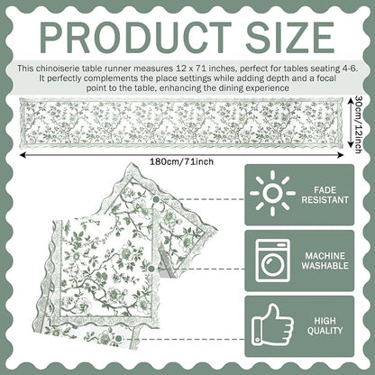 HunnmingRe 71x12 Inch Sage Green Floral Table Runner Vintage Table Runner - Image 3