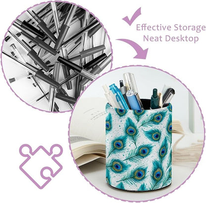 Leather Pen Holder for Desk, Peacock Feather Pencil Cup Pen Organizer Makeup - Image 4