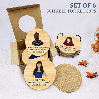 New Girl Cork Coasters Set of 6, Funny Novelty Coasters for Drinks Absorbent with Holder Cup Desk Office Table Kitchen Decor accessories House Warming Gifts for New Home Couples,Round 4 Inch