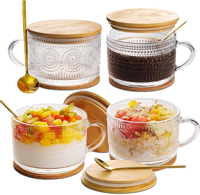 BOICHU Vintage Coffee Mugs Glassware Set of 4-14oz Leak Proof Overnight Oats by BOICHU--Agoodhelperforyou