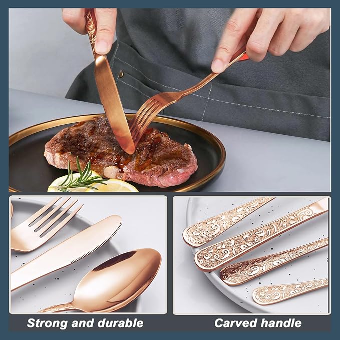 Runfly Vintage Carved Rose Gold Stainless Steel 20-Piece Flatware Set | - Image 5