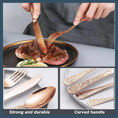 Runfly Vintage Carved Rose Gold Stainless Steel 20-Piece Flatware Set | - Image 5