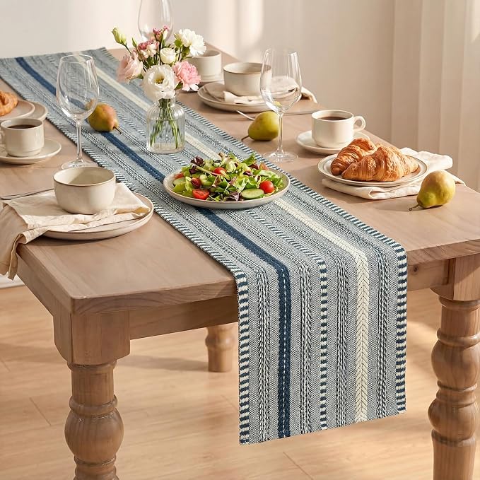 Artoid Mode Dark Blue Farmhouse Stripe Braided Table Runner 12x90 Inch | - Image 8