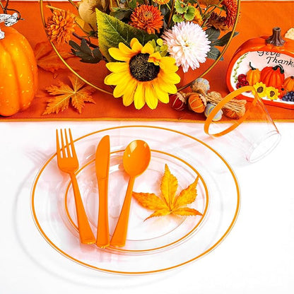 SUT 175Pcs Orange and Clear Plastic Dinnerware Set - Image 5