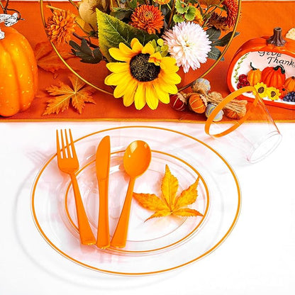 SUT 350Pcs Orange and Clear Plastic Dinnerware Set for 50 Guests, Include: 50 Dinner Plate, 50 Dessert Plates, 50 Pre Rolled Napkins With Silverware, 50 Cups, Disposable Plates for Party