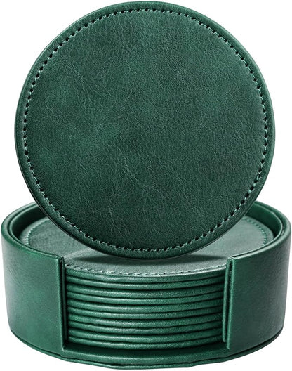 LAMOTI Leather Coasters for Drinks, 4" Drink Coasters Set of 6 with Holder for Tabletop Protection, Handmade Luxurious Home Décor and Housewarming Gift (Green)