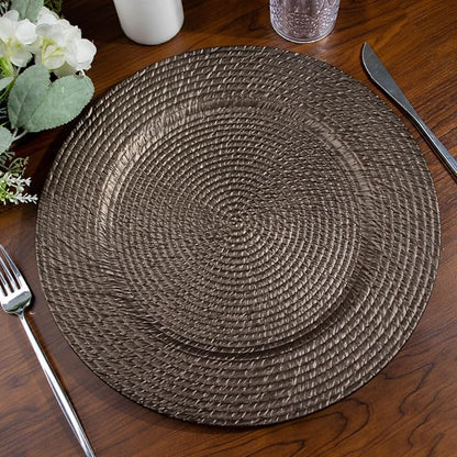 Efavormart 6 Pack | 13" Natural Brown Acrylic Plastic Rattan-Like Charger Plates - Image 9