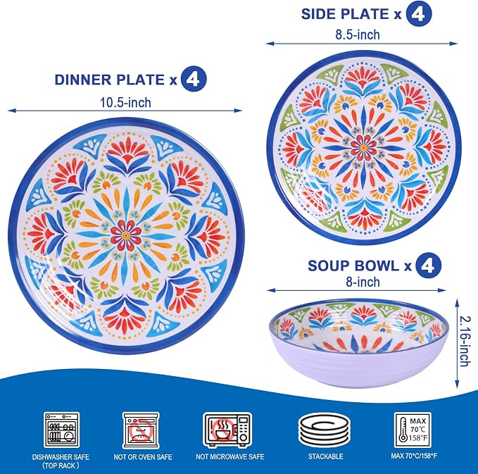 Dinnerware Set 12Pcs Melamine Plates and Bowls | Wedding Gift, Floral Pattern - Image 2