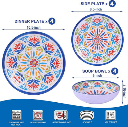 Dinnerware Set 12Pcs Melamine Plates and Bowls | Wedding Gift, Floral Pattern - Image 2
