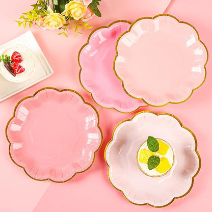 Pink Party Plates Gradient Pink Dessert Paper Plates 7inch Gold Foil Scalloped Edge Disposable Cake Plates for Valentines Day Birthday Bridal Baby Shower Wedding Party Supplies (48)