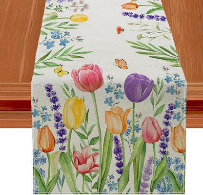 Spring Floral Table Runner Decorations, Tulip and Lavender Farmhouse Table Scarf by JVUZIQ