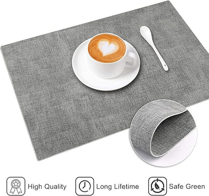 Leather Heat Resistant Placemats Set of 6 Waterproof Wipeable Washable PU Table Mats,Easy to Clean Anti-Slip Place Mats (Light Grey, 6)