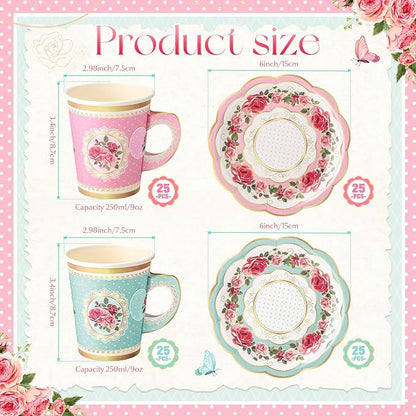 Tioncy 100 Pcs Tea Party Decorations Include 50 Pieces 9 oz Paper Tea Cups - Image 2