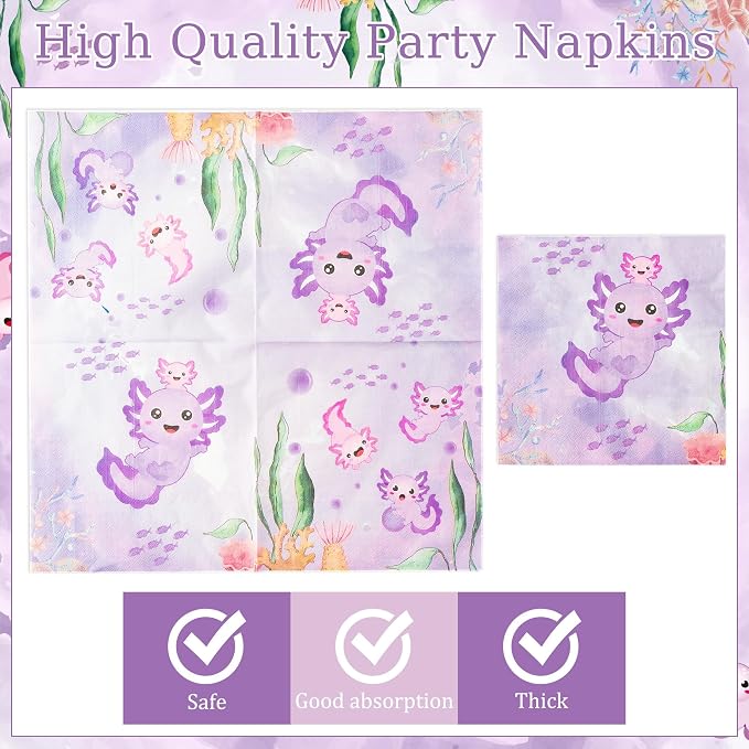 96Pcs Purple Axolotl Cute Cartoon Animals Party Plates Supplies Tableware - Image 4