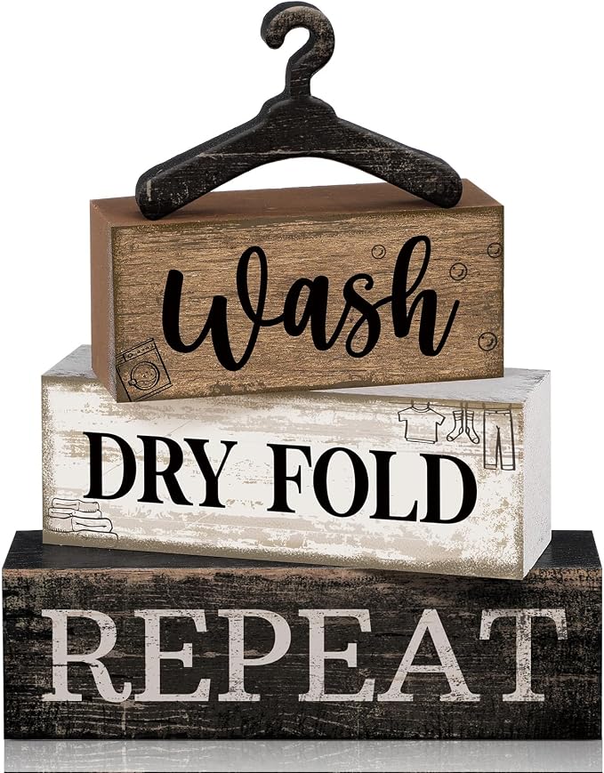 Moucuny 4 Pcs Farmhouse Laundry Room Decor Stacked Blocks, Wash Dry Fold Repeat by Moucuny