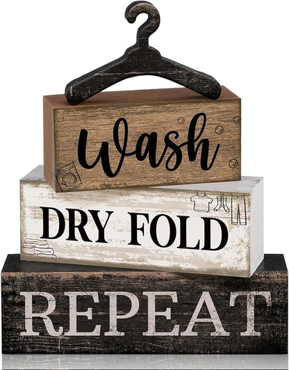 Moucuny 4 Pcs Farmhouse Laundry Room Decor Stacked Blocks, Wash Dry Fold Repeat by Moucuny