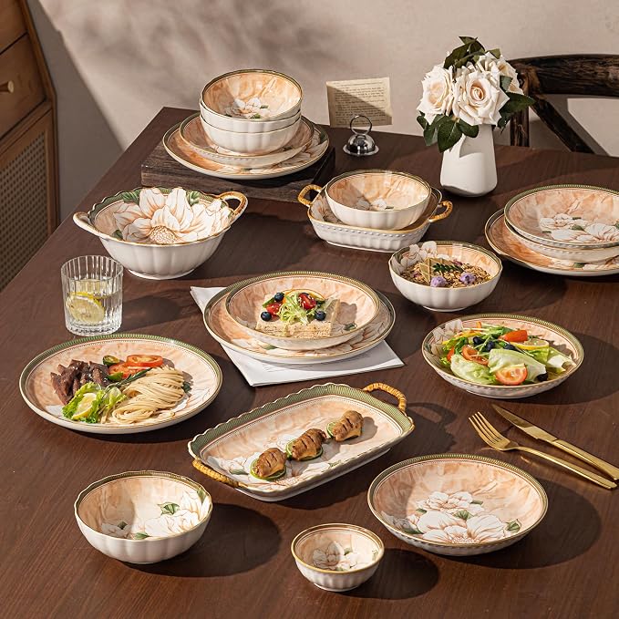 Ceramic Dinnerware Set, Floral Plates and Bowls Sets, Microwave & Dishwasher - Image 5