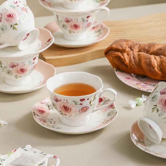 6oz Floral Porcelain Tea Cup & Saucer Set of 6, Party | Rose pattern - Image 5